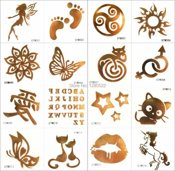 

10sheets 6x6cm Waterproof Temporary Gold Flash Tattoo Sticker Angel Cat Butterfly Tatuagem Women Body Art 32 Models for Choose