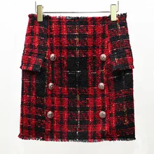 Темперамент осеннего двубортного пальто с бахромой, Клетчатые Шерстяные Юбки