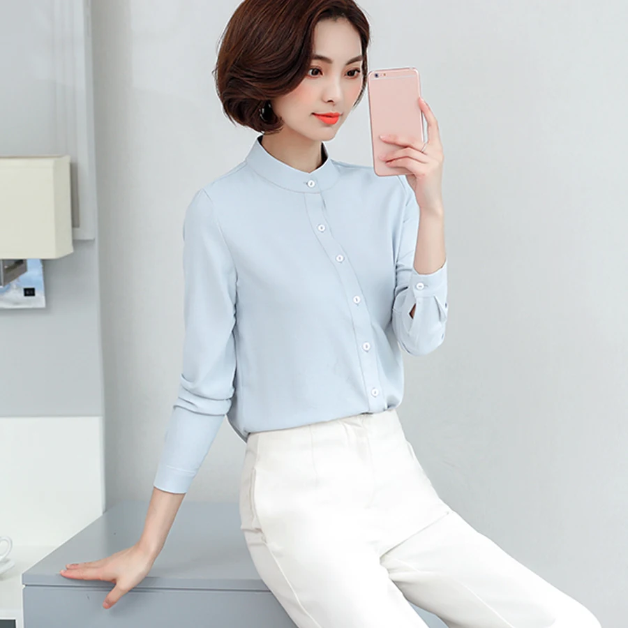 

Casual Women Solid Blouses Formal Office Slim Chiffon White Blouse Korean Bluse Women Camisas Mujer Long Sleeve Shirt D0051H