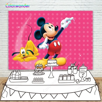 

Photocall Mickey Mouse Party Backdrop Smile Pose Mouse With Yellow Dog On Moon Pink With Dots Background For Baby Shower Custom