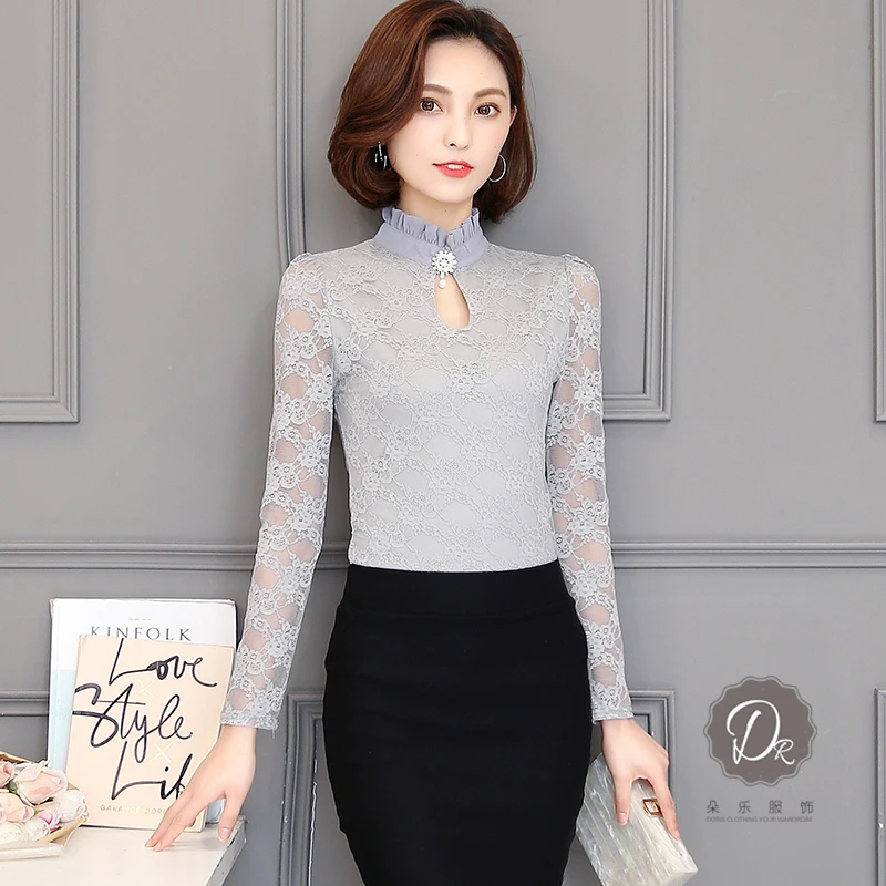 Blusa feminina офисные осень зима Женская кружевная блузка размера плюс с длинными