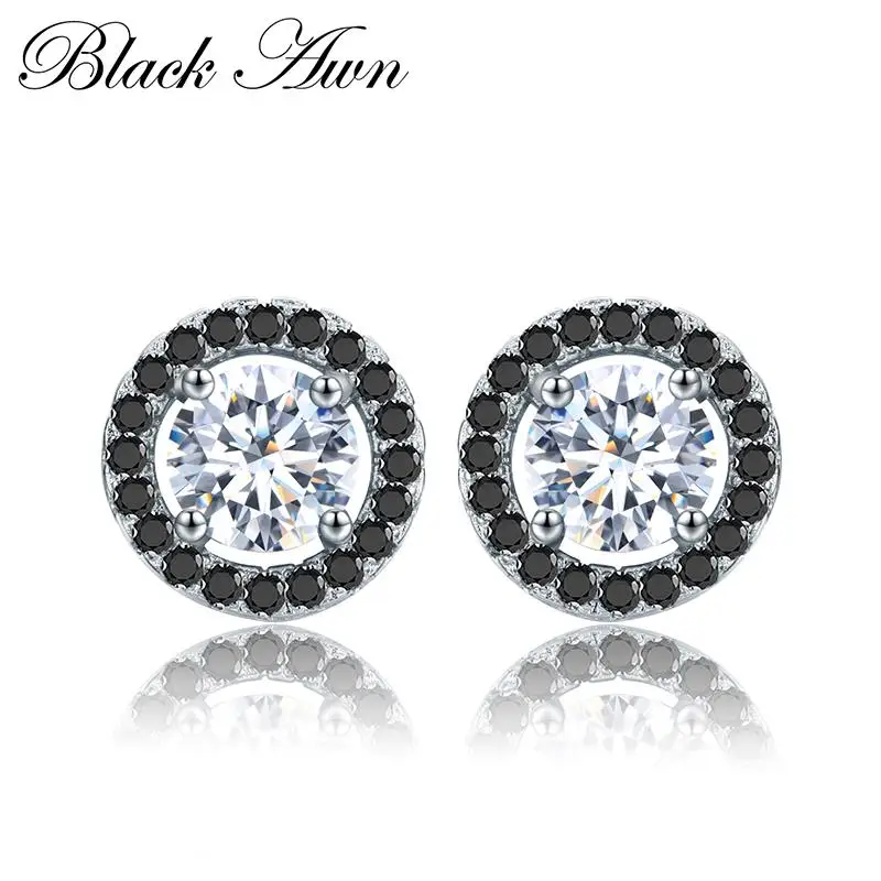 

100% Genuine 925 Sterling Silver Round Jewelry Black&White Stone Cute Engagement Stud Earrings for Women T125