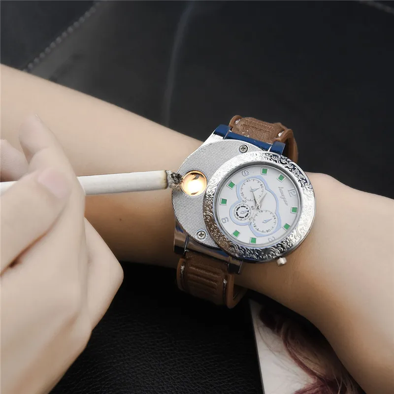 

Top Brand Electric USB Charging Watch Windproof Flameless Cigarette Lighter Men's Watch Quartz Wristwatches relogio Masculino 39