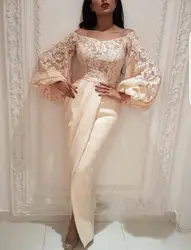 Плюс размеры мусульманские Вечерние платья 2019 Русалка Одежда с длинным рукавом кружево разрез ислам Дубаи Саудовская Арабский длинное