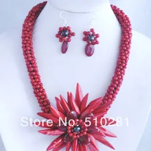 Топ моды! Африканские свадебные красный коралл цветок Цепочки и ожерелья серьги Set нет-047