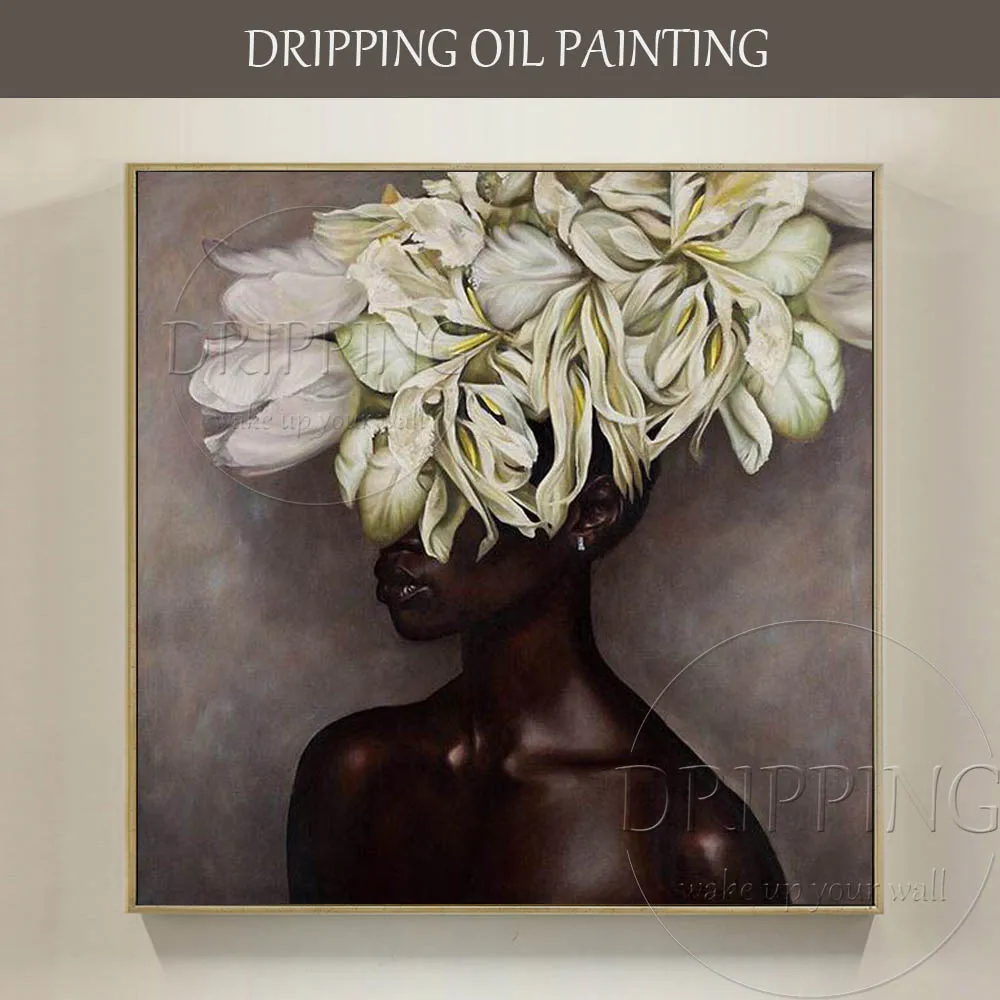 

Top Artist Hand-painted High Quality Abstract Portrait Lady with Flowers Oil Painting on Canvas Beauty Black Woman Oil Painting