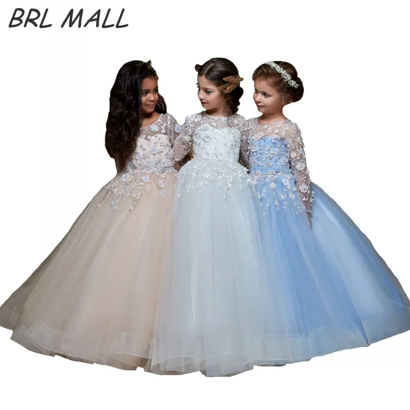 Cute Long Sleeves Flower Girl Dresses 2019 3D Flowers First communion dresses Buttons Lace Beads pageant dresses for girls