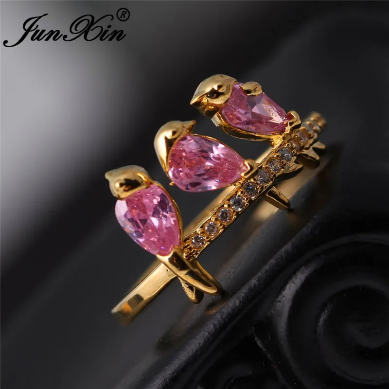JUNXIN Cute Animal Pink Birds Rings For Women Yellow Gold Filled Red Stone Green Purple Zircon Birthstone Ring Female Wedding