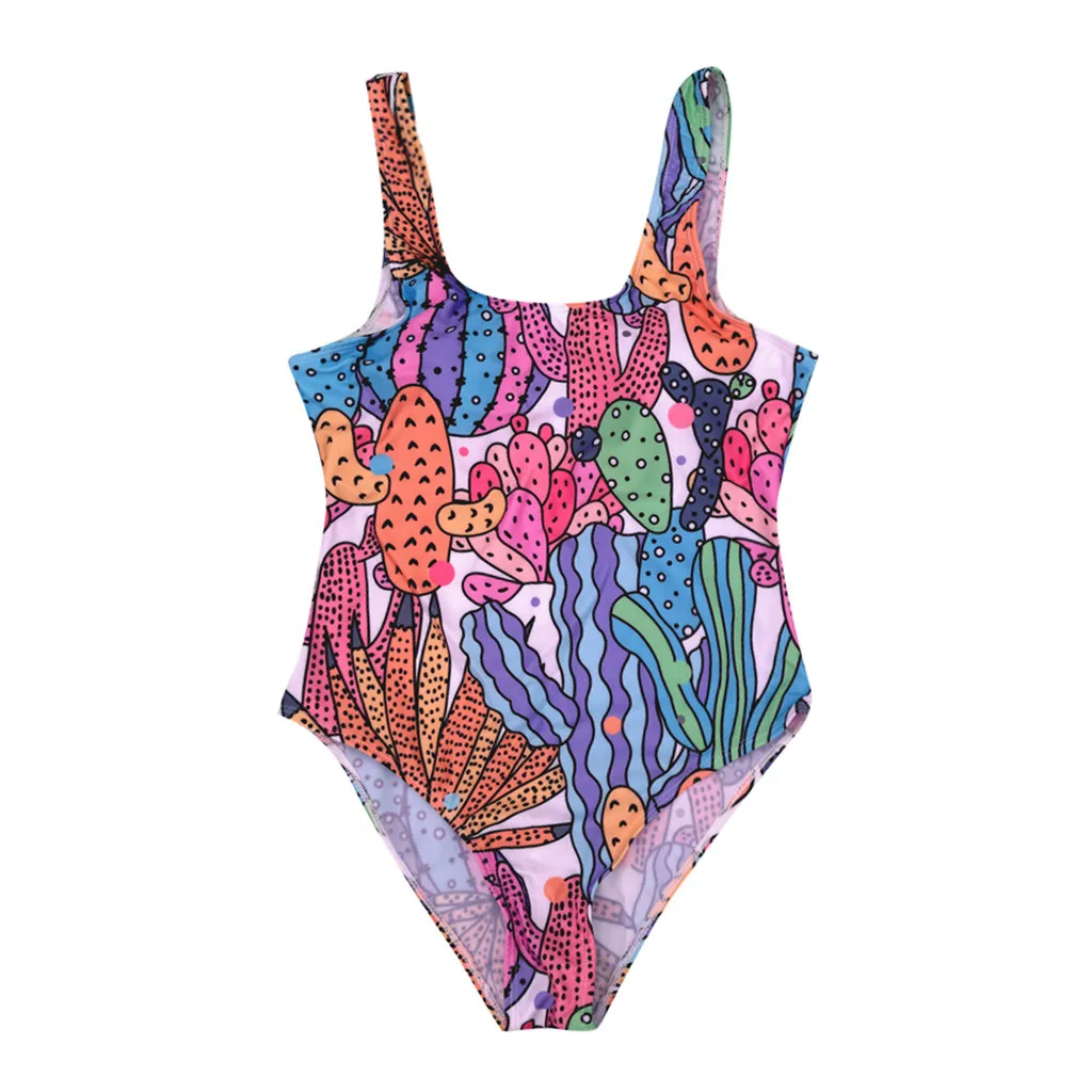 

CHAMSGEND Summer women's sleeveless vest cactus print one piece swimsuit parent-child wear girls fashion cute one piece swimsuit