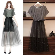 2Pcs/Set Summer Elegant Women Dresses Set Ladies Cotton T Shirt Top+ Mesh Femme Dress Set