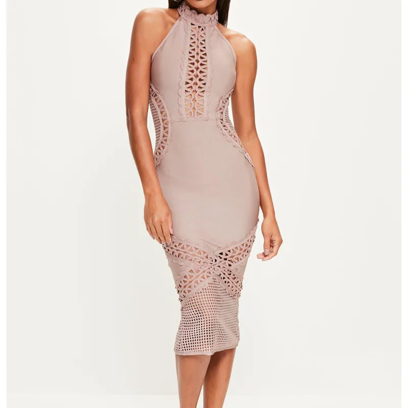 Sleeveless white khaki Hollow Out Knee Length Bandage Dress 2018 new