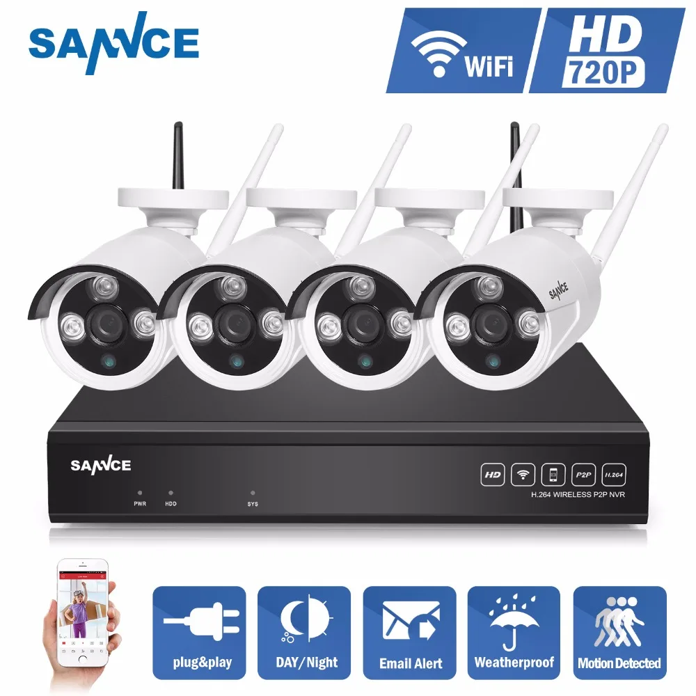 SANNCE 4CH IR HD Home Security Wireless NVR IP Camera System 720P CCTV Set Outdoor Wifi Cameras