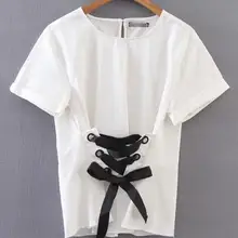 Новые летние белые футболки с круглым вырезом, короткими рукавами, длиной до бедра, черный кроссовер, корсет на шнуровке с завязками