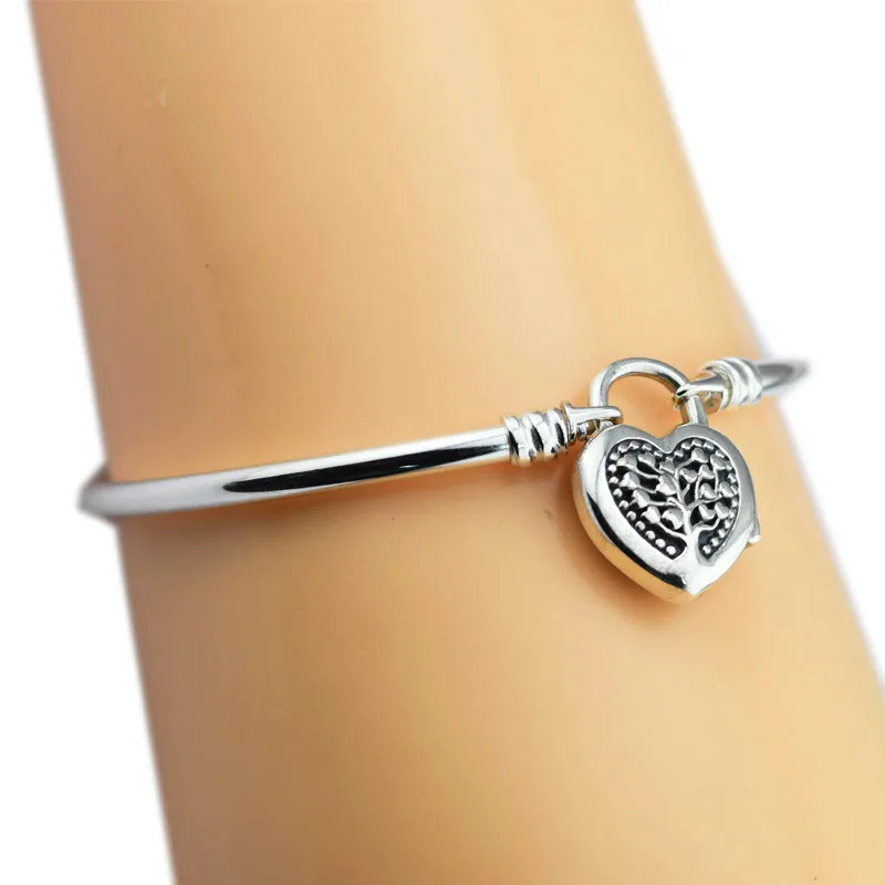 

100% 925 Sterling Silver Limited Edition Flourishing Heart Padlock Bangle Bracelets for Women Fit Charms Beads DIY Gift PFB058