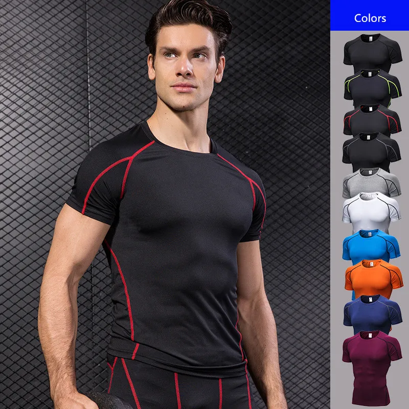 

Men Tight Short Sleeve Fitness Cloth Exercise Running Stretch Fabric Quick Dry T-Shirt