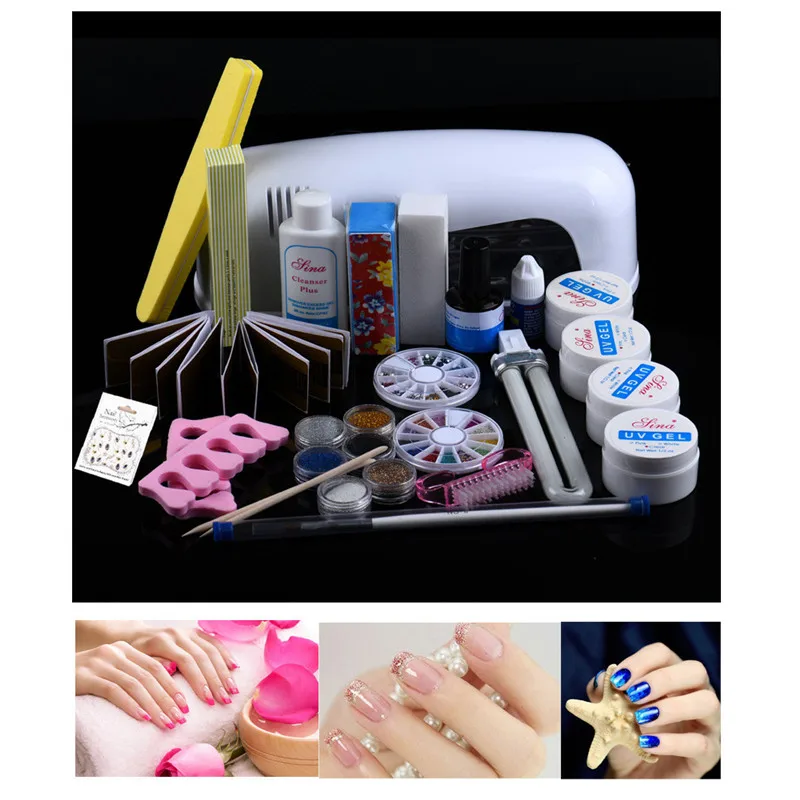 

Nails Art set 9W Dryer Lamp Tube UV Gel Kit Brush Buffer Guides Toe Seperator Glitter Powder Liquid Tools Nail Tips Glue DIY Kit