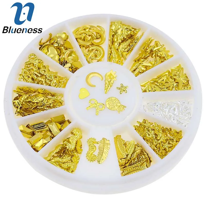 

About 240Pcs Glitter 3D Nails Tips Gold Silver Metal Sheets Moon Star Bow Rivet Charm Wheel Mix Design Nail Art Decorations