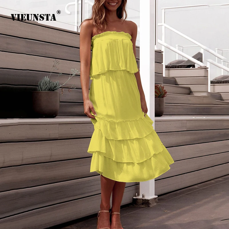 

VIEUNSTA Summer Two Piece Set Backless Dress Women Cascading Ruffle Pleated Party Dresses Fashion Wrap Ruched Tops Beach Dress