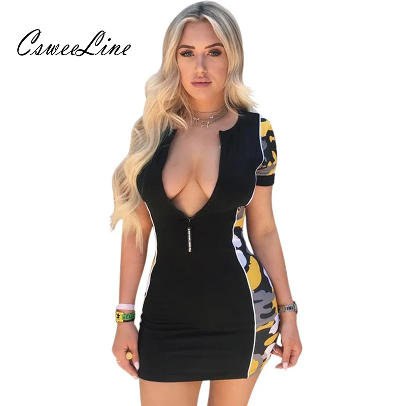 

Fashion Patchwork Camo Black Dress Short Sleeve V-neck Zipper Women Bodycon Dress Sexy Vestidos Ladies Casual Summer Streetwear