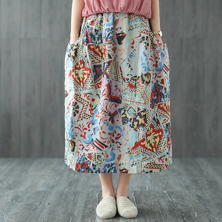 

Cloth summer linen print long skirt literary retro ladies skirt elastic waist loose slim skirt plaid skirt