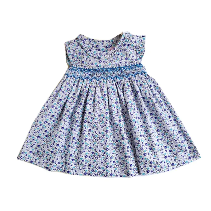 

New Summer Kids Floral Printed Sleeveless England Handmade Smocking Belt Bowknot Lace Little Girls 9M-36M Princess Vest Dresses