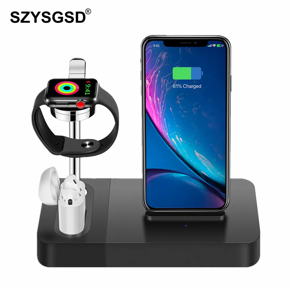 

For iPhone Wireless Charger Dock 3 in 1 for Apple Watch 4 3 2 Airpods Fast Charging Stand for iPhone XS X 8 Samsung Galaxy S9