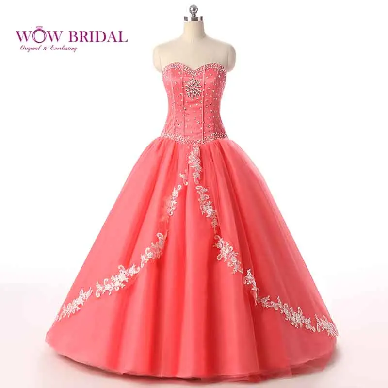 Wowbridal роскошный коралловый Пышное Платье стеклянное бальное платье со стразами разделенное Тюлевое многослойное милое 16 платье Vestido De 15 - Цвет: Coral
