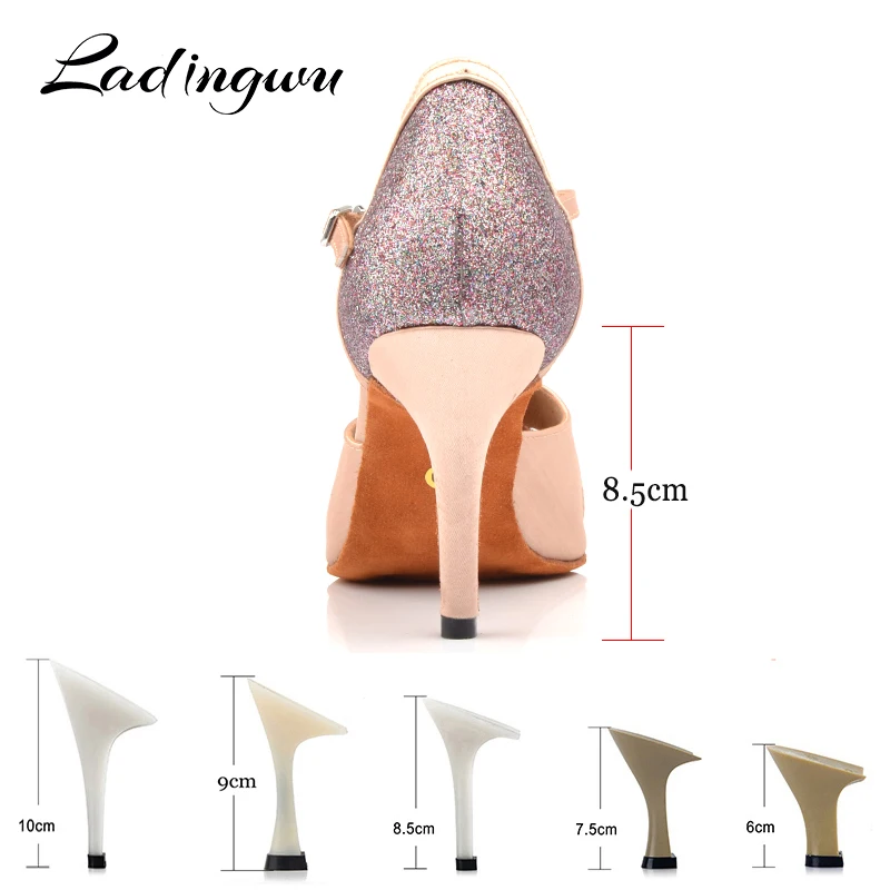Ladingwu New Ballroom Professional Latin Dance Shoes for Women Girls Ladies Salsa Heels Indoor Dancing Satin/Glitter Apricot