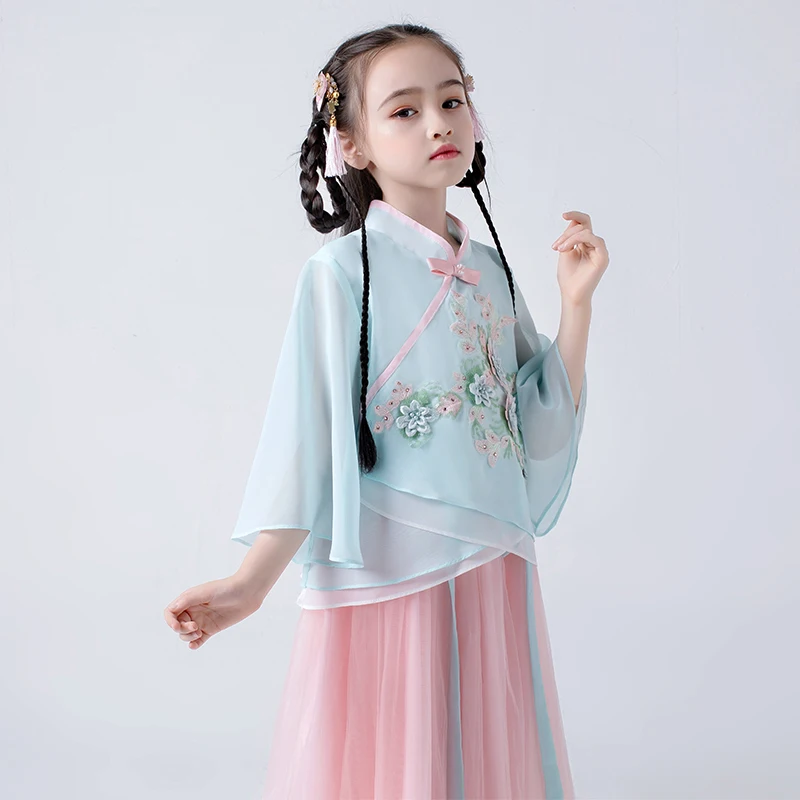 Hanfu/костюм для девочек; летняя одежда в китайском стиле; традиционный розовый и зеленый народный танцевальный костюм ханфу; DQL1510