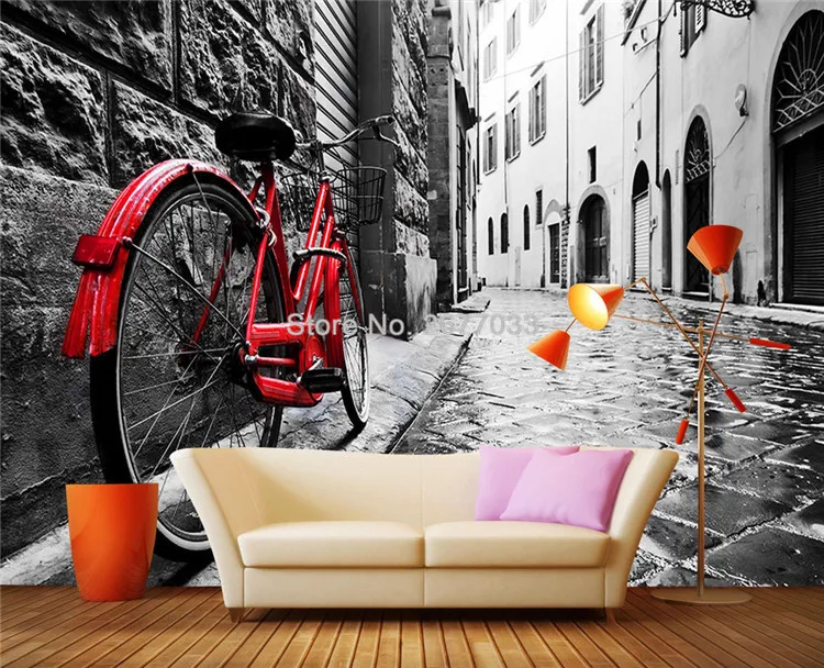 Фото обои ретро Европейская черно-белая улица красные велосипеды пейзаж 3D настенные фрески гостиная диван ресторан настенная ткань