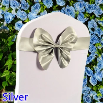 

Silver colour chair sash wedding mini style butterfly bow tie lycra band stretch bow tie ribbon for chair covers on sale