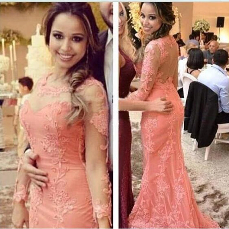

2017 Mermaid Sheer Neck Coral Formal Evening Dresses Long Sleeve Lace Celebrity Party Mother Gowns de noiva Nigerian Arabic