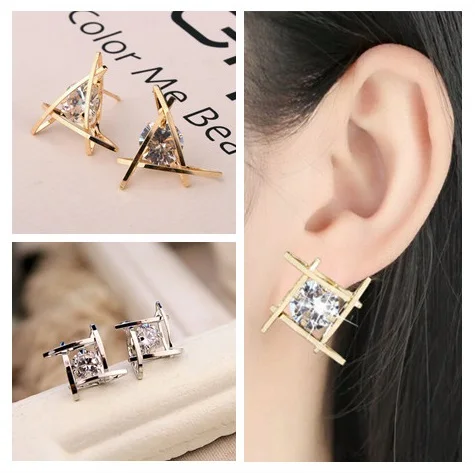 Women Triangle Crystal Rhinestone Ear Studs Lady European And American Style Silver Gold Color Earrings Wholesale