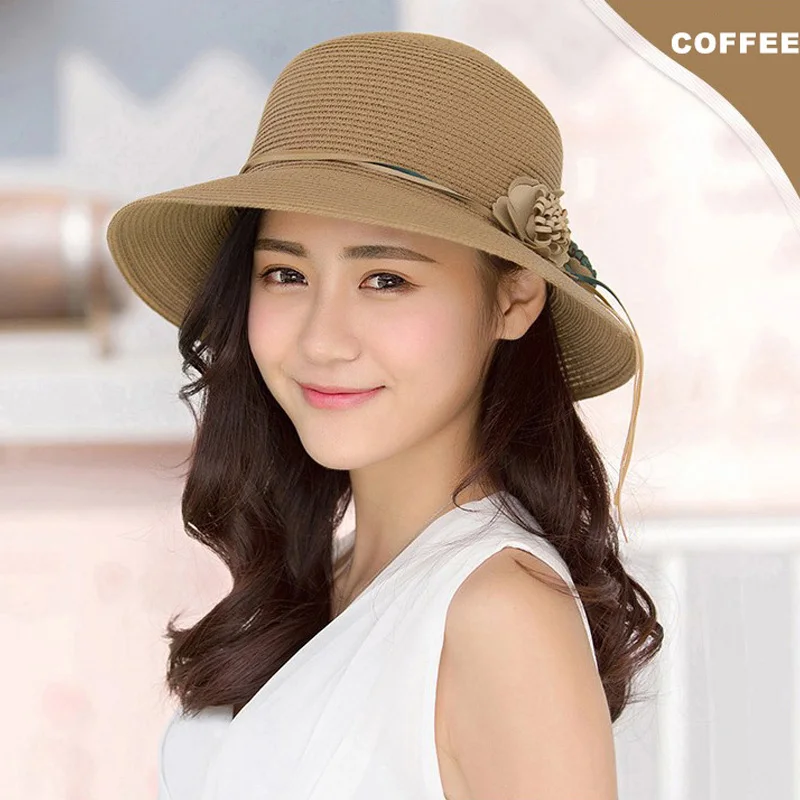 coffee CHING YUN Летняя женская шляпа от солнца Lafite соломенная шляпа с большими полями, украшенная цветами, Солнцезащитная шляпа для путешествий на море, отдыха - Цвет: coffee