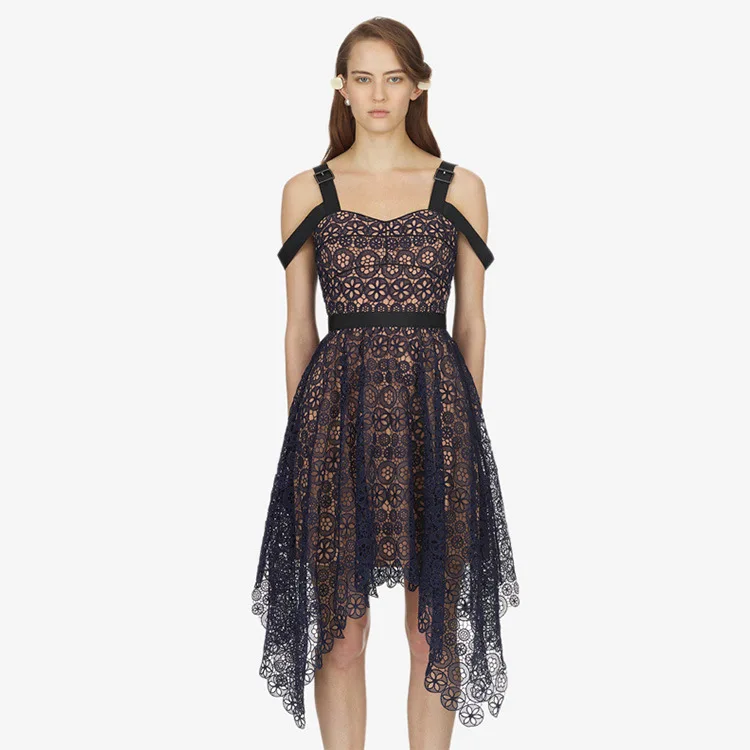 

New t same LACE SLING DRESS, female sleeveless V collar flower, hollowed out, irregular a word F0466