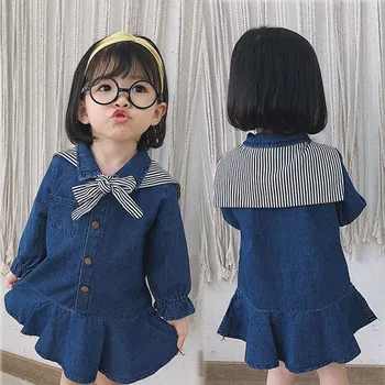 

Summer Girls Dress Cotton Summer Dresses Girls Denim Stripe Princess Dresses Clothes F502