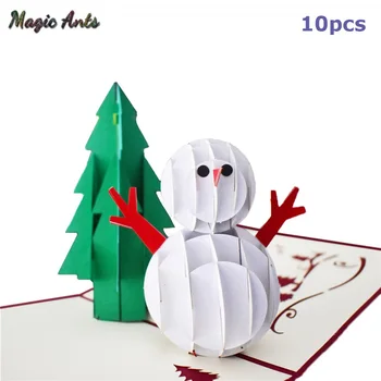 

10 Pack Merry Christmas Cards Snowman Tree Pop-Up Cards with Envelope Sticker Laser Cut New Year Greeting Cards Gifts Handmade