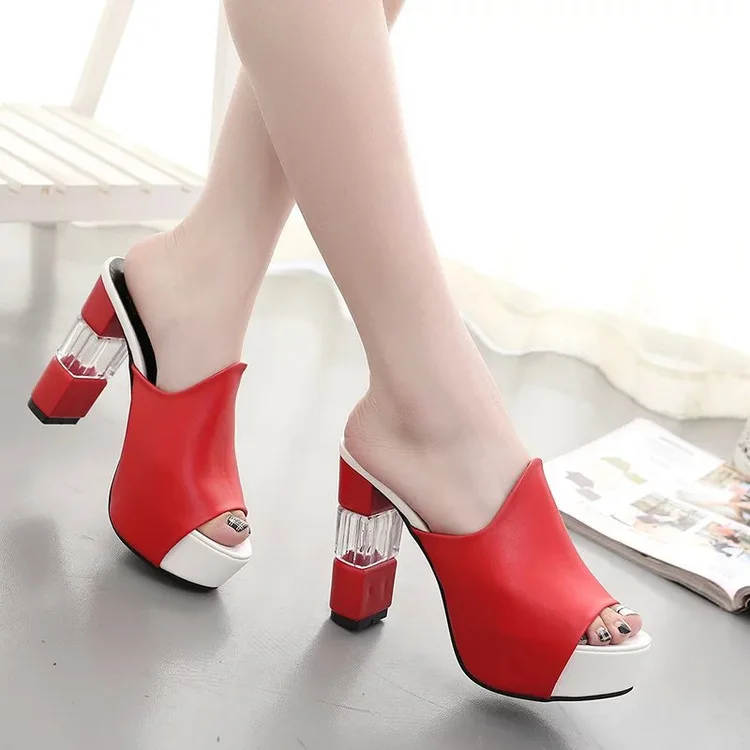 018 пикантные летние Для женщин; элегантные женские красные босоножки на высоком каблуке обувь с открытым носком на платформе с украшением в виде кристаллов обувь с массивным каблуком женские толстый каблук модные 40 - Цвет: Красный