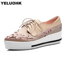 Мода вышивать Обувь Женские туфли-лодочки женская обувь на платформе весна Кружево Up Женский Обувь Оксфорд