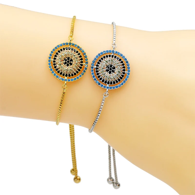

2018 New Arrival Cubic Zirconia Crystal Micro Pave Round Evil Eye Zircon CZ Adjustable Chain Bracelets for New Year Gifts