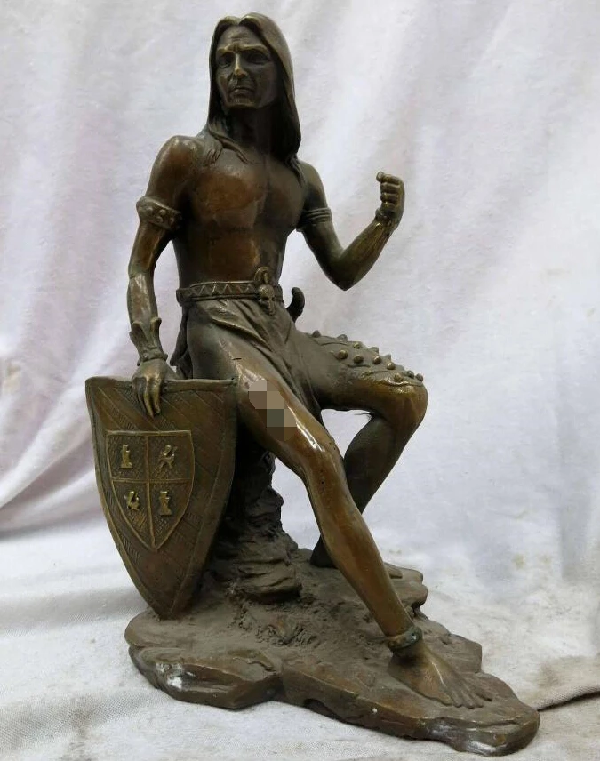 

11" China brass copper carved fine Sparta shield man of prowess Sculpture Statue
