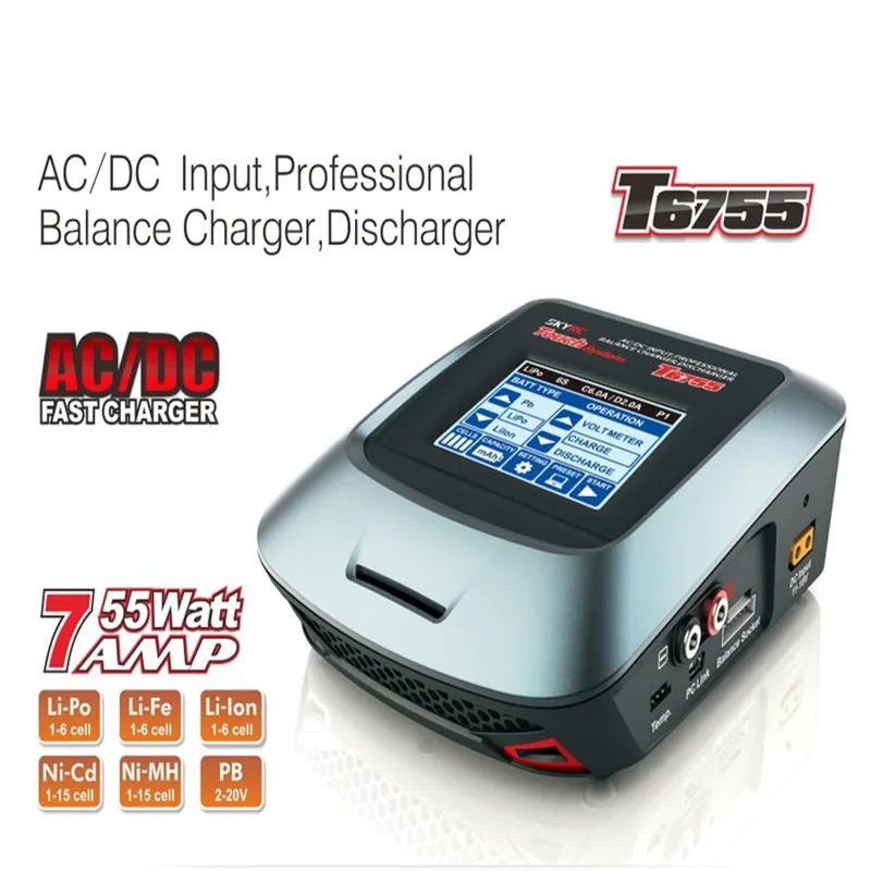 SKYRC T6755 55W 7A Smart Screen AC DC Battery Balance Charger Discharger For RC Models Multicopter Spare Part Accs SKYRC T6755 55W 7A Smart Screen AC DC Battery Balance Charger Discharger For RC Models Multicopter Spare Part Accs