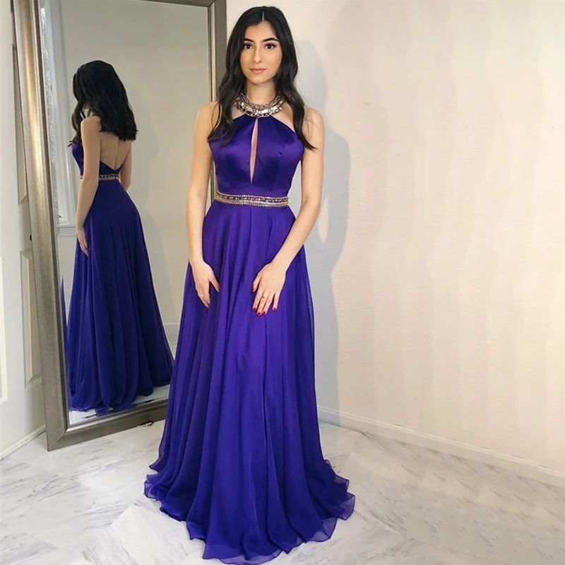 

Halter Backless Long Prom Dresses 2019 A Line Royal Blue Chiffon Evening Dress with Beading Sash Vestido De Fiesta