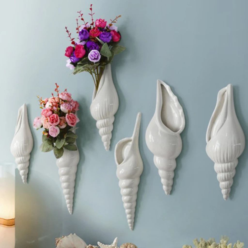 3x Modern White Ceramic Sea Shell Conch Flower Vase Wall Hanging Home Decor