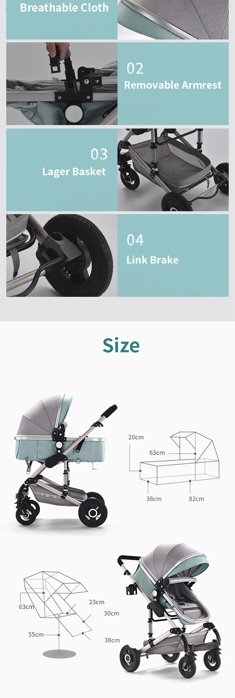 0-3 years old Age Group and CE Certification Multifunctional 3 in 1 High Landscape  Baby Stroller Aluminum Alloy Frame