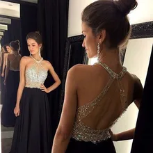 Brilliant Perlen Chiffon Abendkleid 2016 Heißer Verkauf Halfter Ärmellose Bodenlangen Abendkleid Schwarz Backless Abendkleid