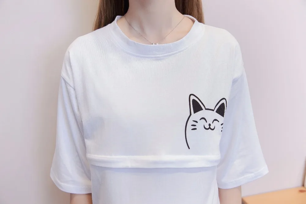 Котенок печати белый хлопковый Халат для кормящих женщин до колена Длина летняя одежда для беременных Длинные Футболка