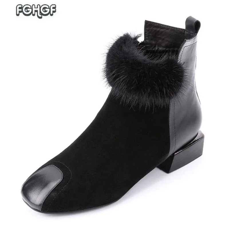 Winter Plus Size Ankle Boots For Women Black Leather Boots Ladies Party Warm Short Fur Boots