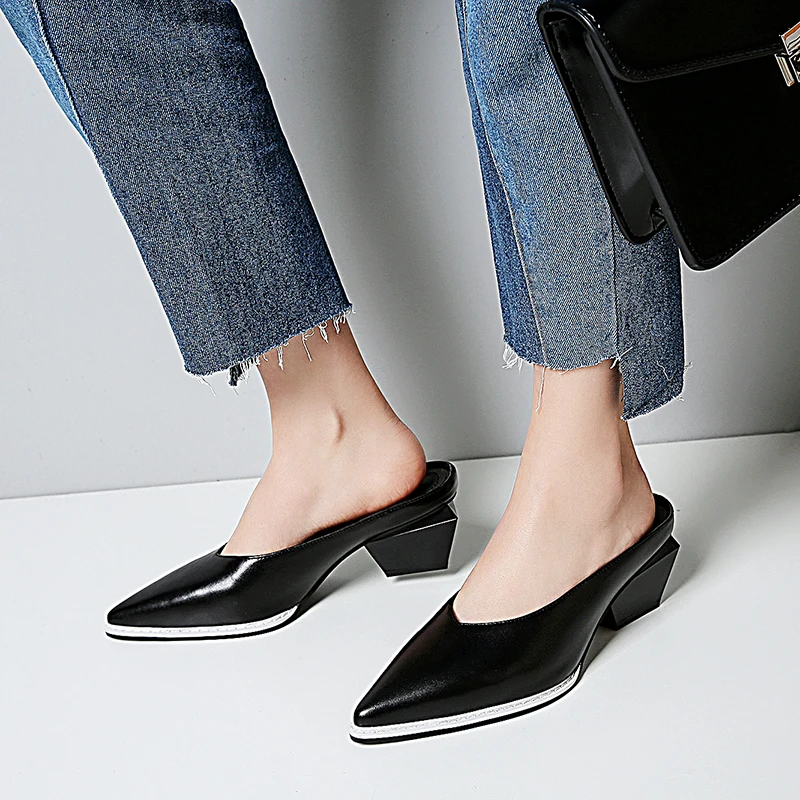

Women's genuine leather Cone heel slip-on mules pumps brand designer pointed toe retro vintage summer slides high heeled shoes
