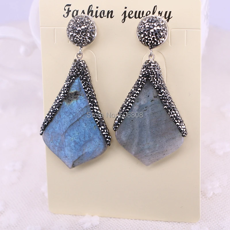 

5Pairs Zyunz Natural Labradorite Drop Dangle Earrings Rhinestone Crystal Pave Labradorite Earrings